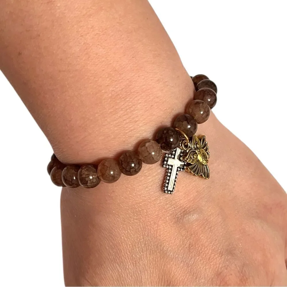 Natural Brown Stone Beaded Stretch Bracelet with Owl and Cross Charms
